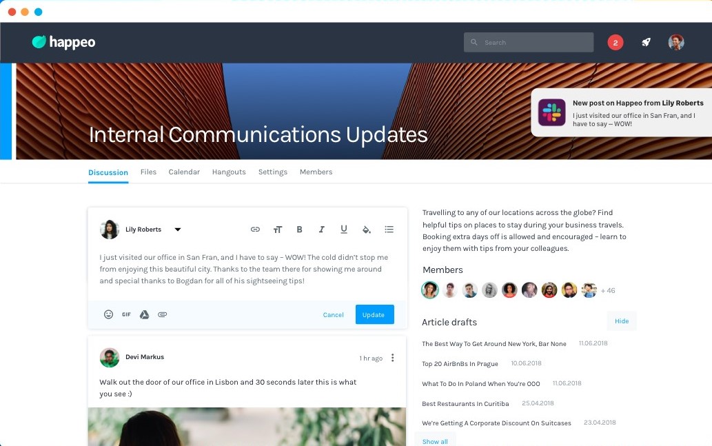 Happeo internal communications update screenshot