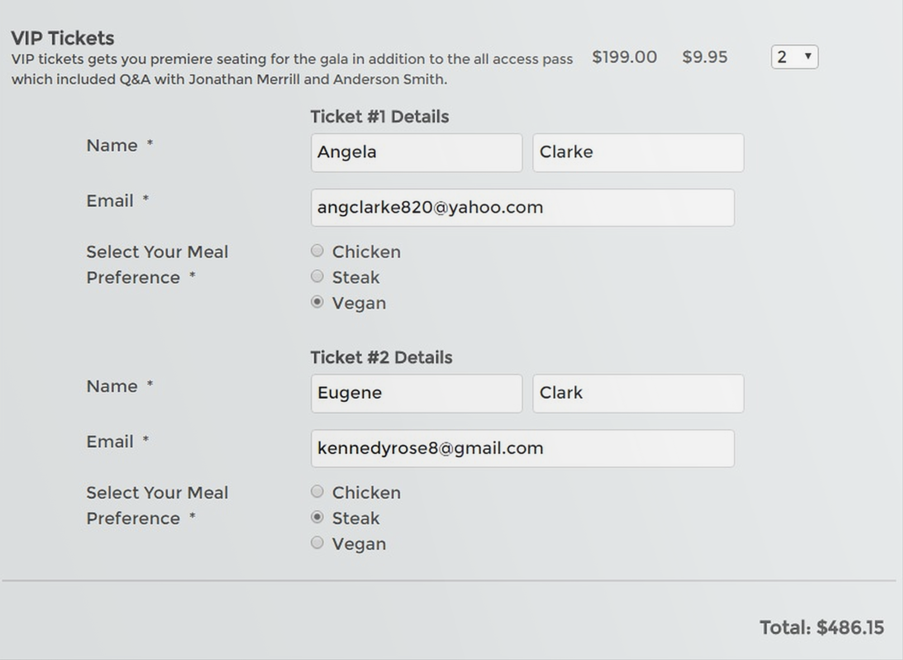 The custom fields are filled in at the same time as personal and delivery information when a ticket is bought through TicketSpice