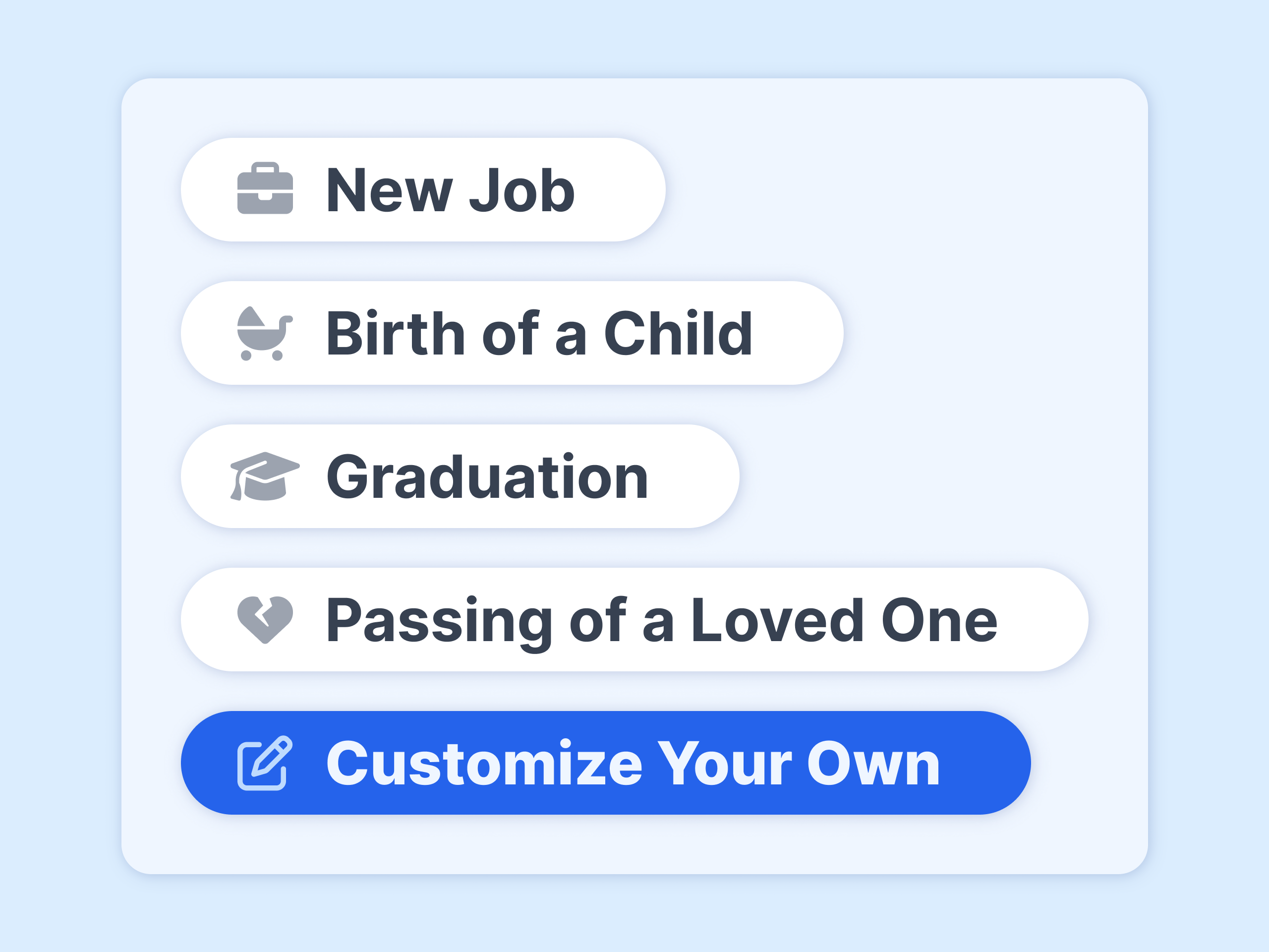 Store milestones like births, graduations, weddings, anniversaries, memorial dates and more and get an annual reminder of these important dates. Choose from presets or customize your own.