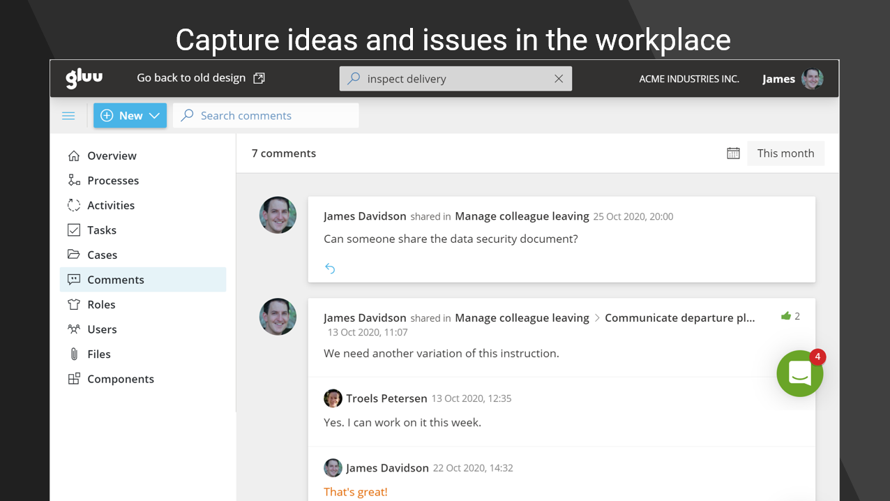 Gluu Software - Comments & Labels: Capture Q&A, issues and ideas in the right context. It's all searchable.
