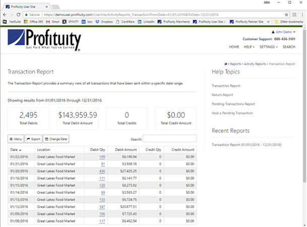 Profituity screenshot: Transaction reports provide users with insight into their total debit and credit amounts within a certain time period