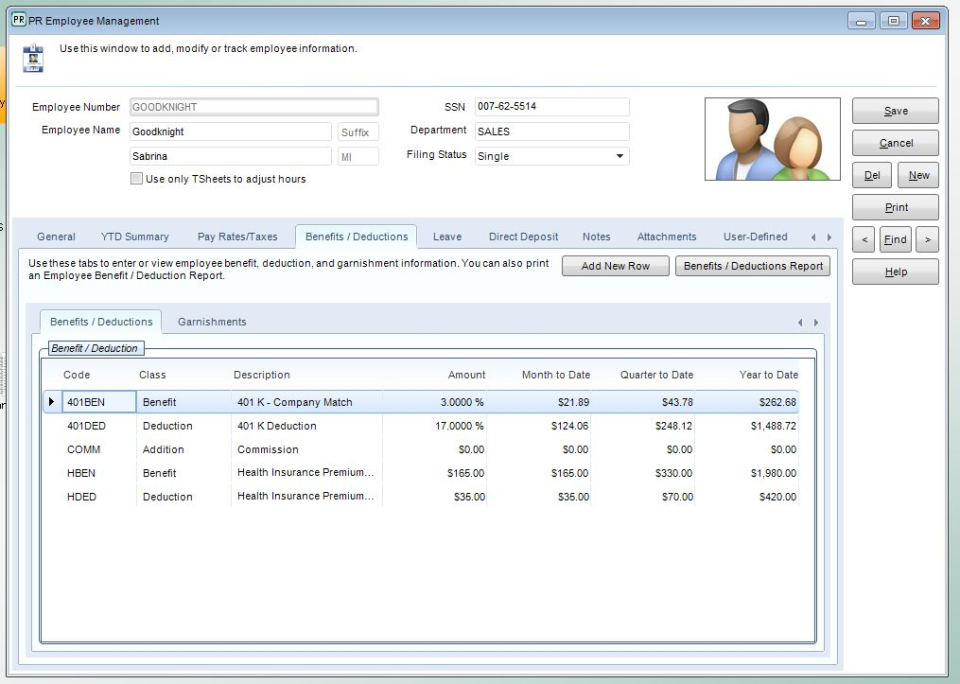 Employee management includes the entering and viewing of employee benefit, deduction and garnishment information