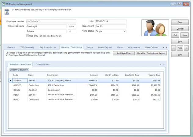 Denali Business screenshot: Employee management includes the entering and viewing of employee benefit, deduction and garnishment information
