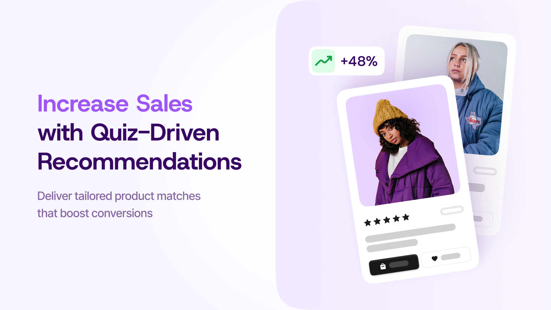 Quizell Software - Visual showing Quizell’s quiz-driven recommendations that help increase sales. Example displays personalized product matches for users with a +48% conversion boost indicator.