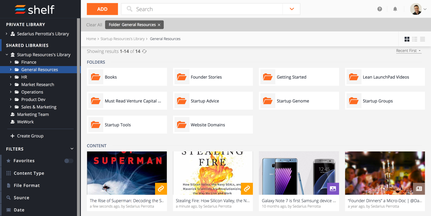 Shelf Software - Create folders and sort content with tags, filters, and badges
