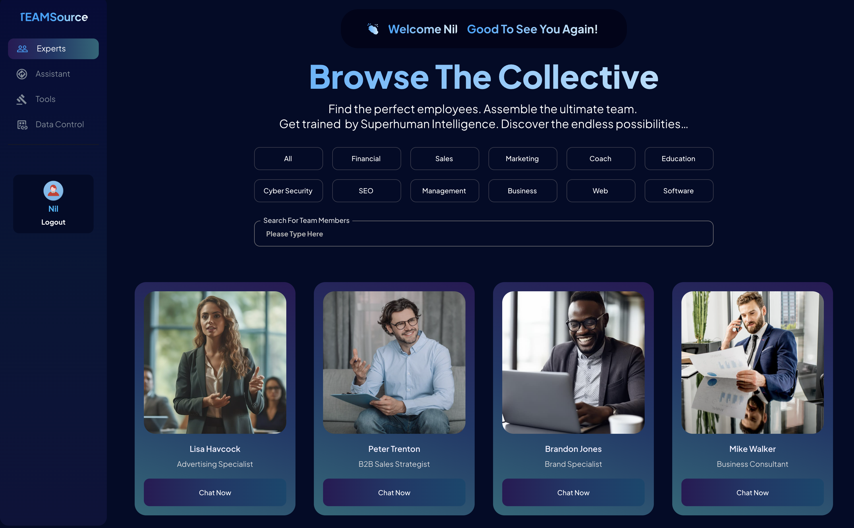 TEAMSource screenshot: TEAMSource search for team members and chat with AI agents