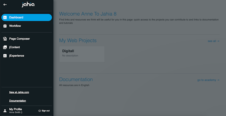 Jahia screenshot: Jahia menu options