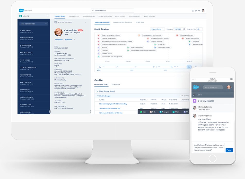 Health Cloud Software - Care plans can be created, assigned, and managed, and patient health timelines record diagnoses, medications, appointments, and more