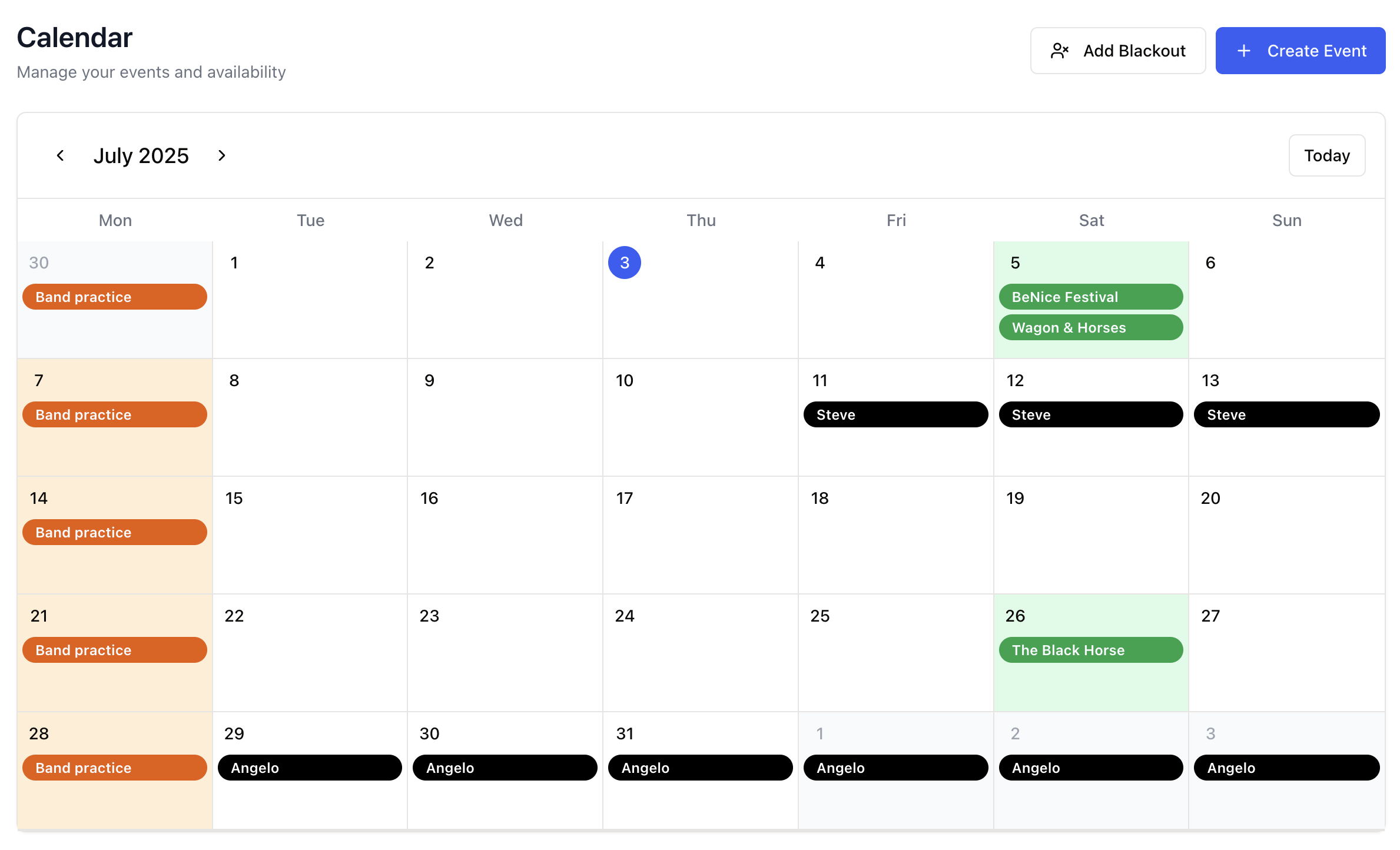 BandMGT screenshot: BandMGT band member availability