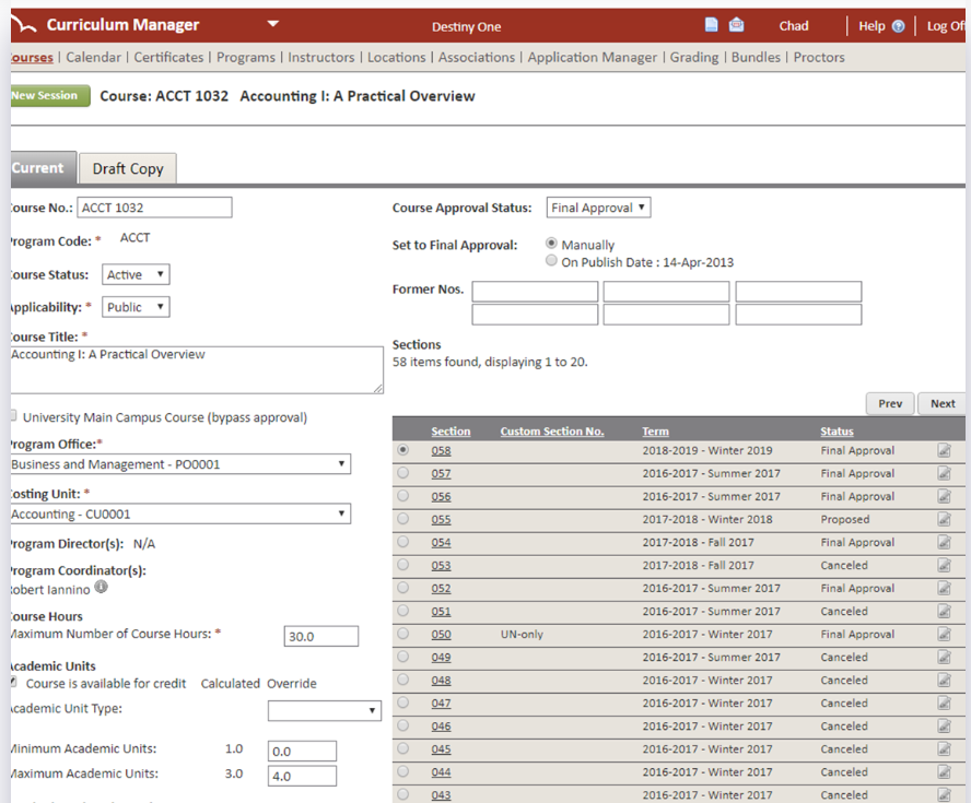 Modern Campus Lifelong Learning Software - Destiny One curriculum manager screenshot