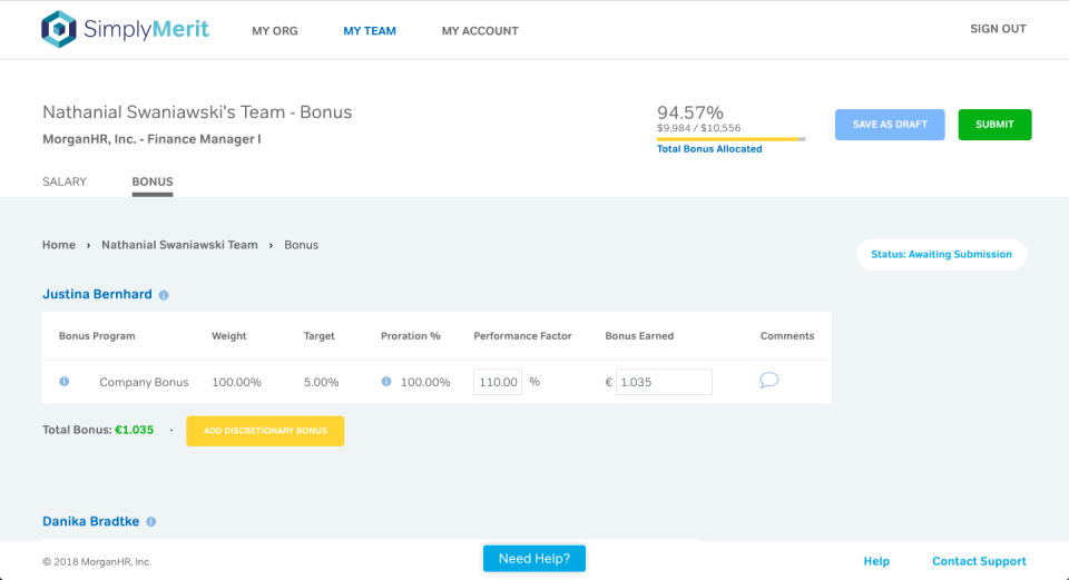 SimplyMerit Software - The bonus tab allows for the definition of bonus allocations, showing here the submission of company and discretionary bonuses to certain team employees plus an overview of the total allocated bonus budget overall