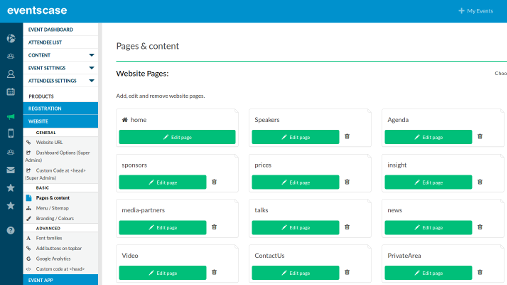 When creating an events website users can add an unlimited number of pages