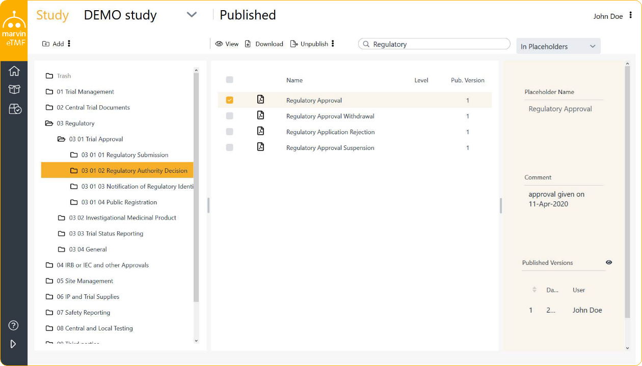 Marvin eTMF screenshot: Marvin eTMF published documents