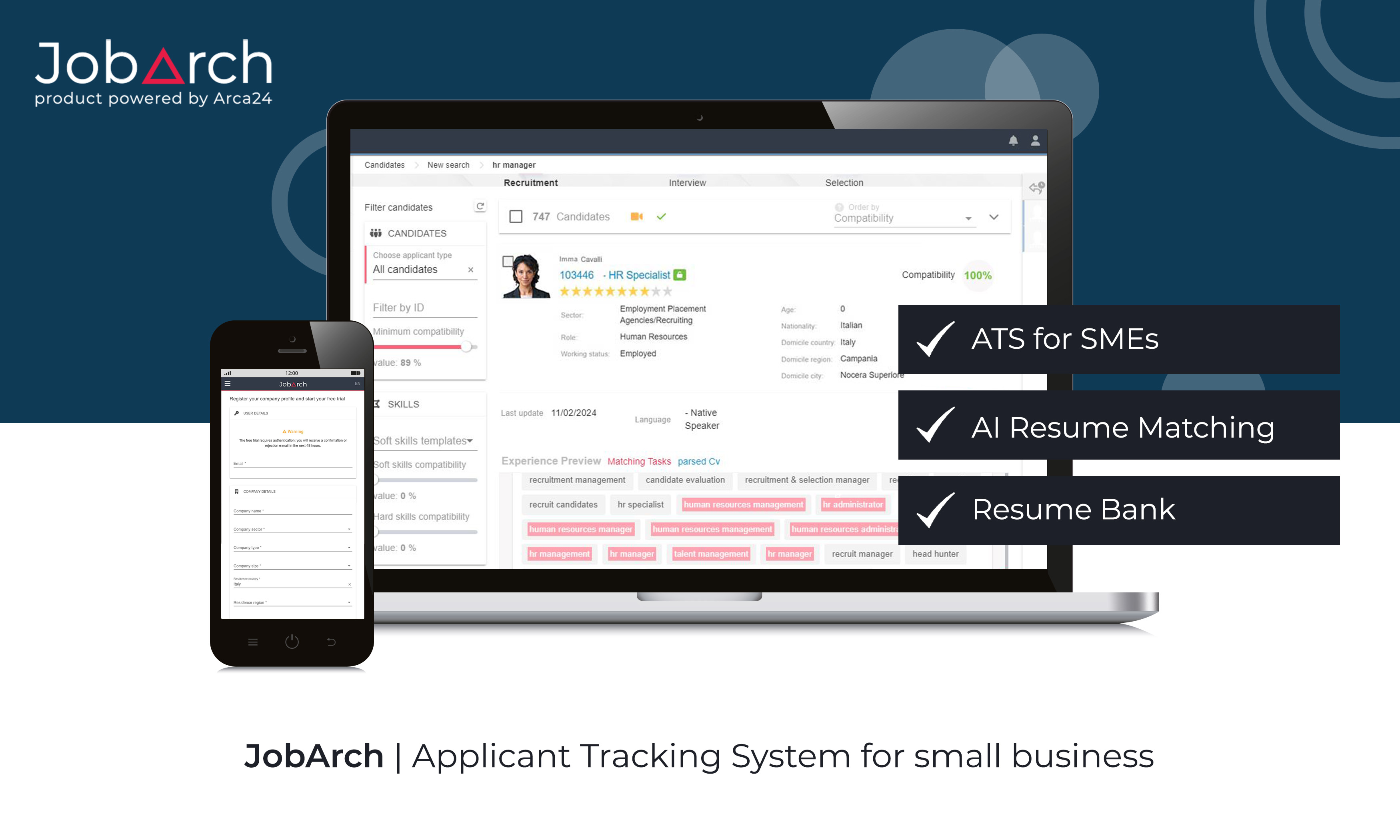JobArch screenshot: The semantic search engine highlights professional skills found within the text of the CV and matching the job offered, even if CV and offer are written in two different languages.