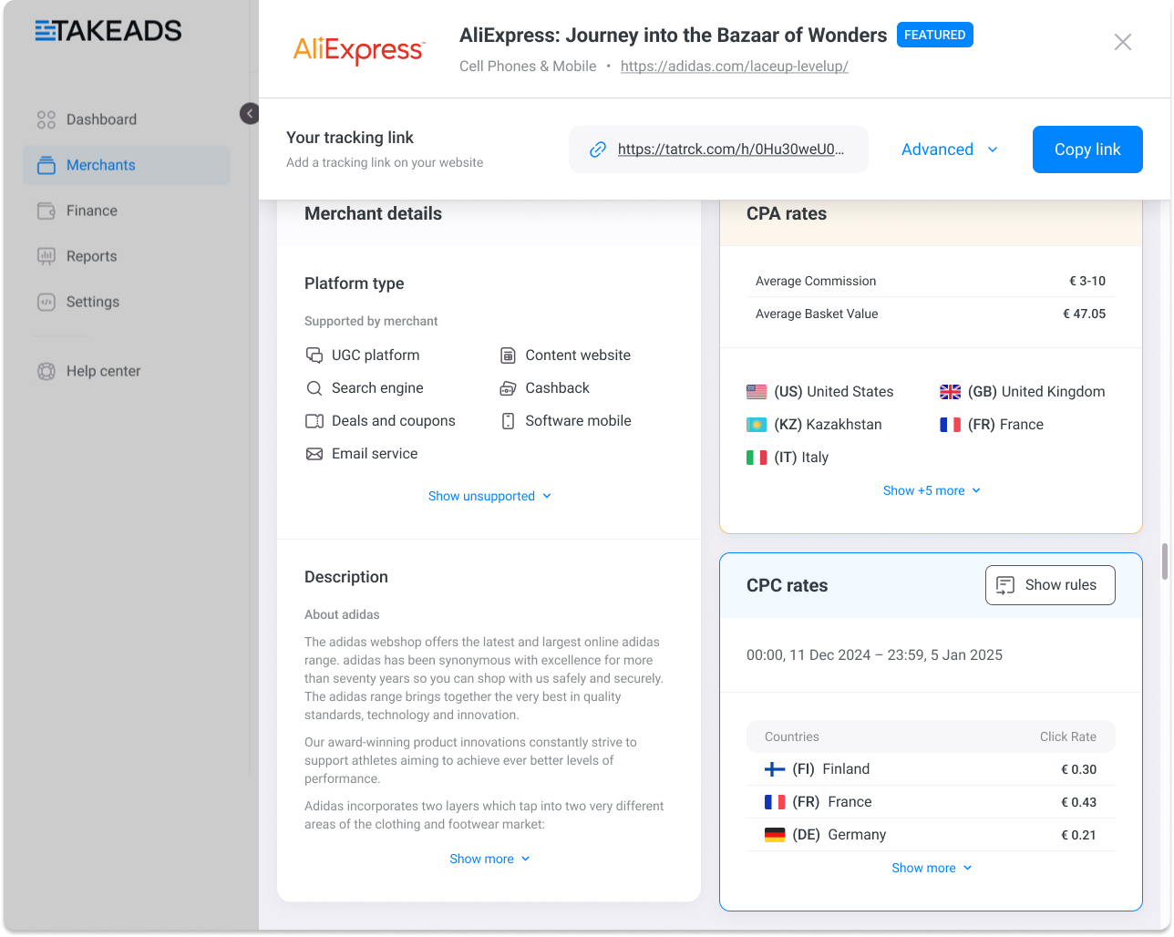 Takeads screenshot: Takeads merchants