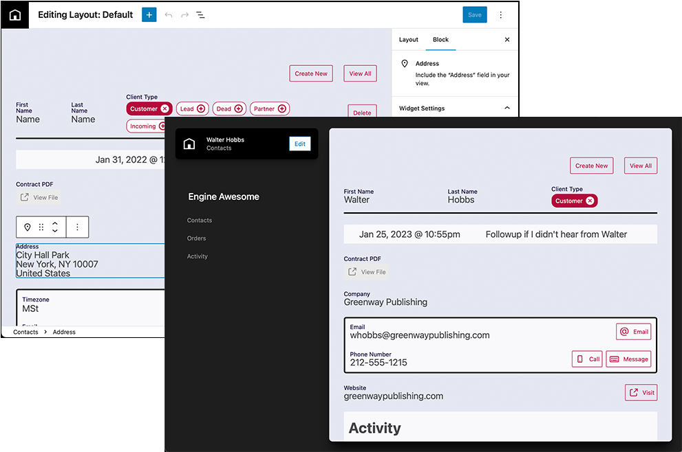 Engine Awesome screenshot: Engine Awesome UI: Edit/build mode and application mode.
