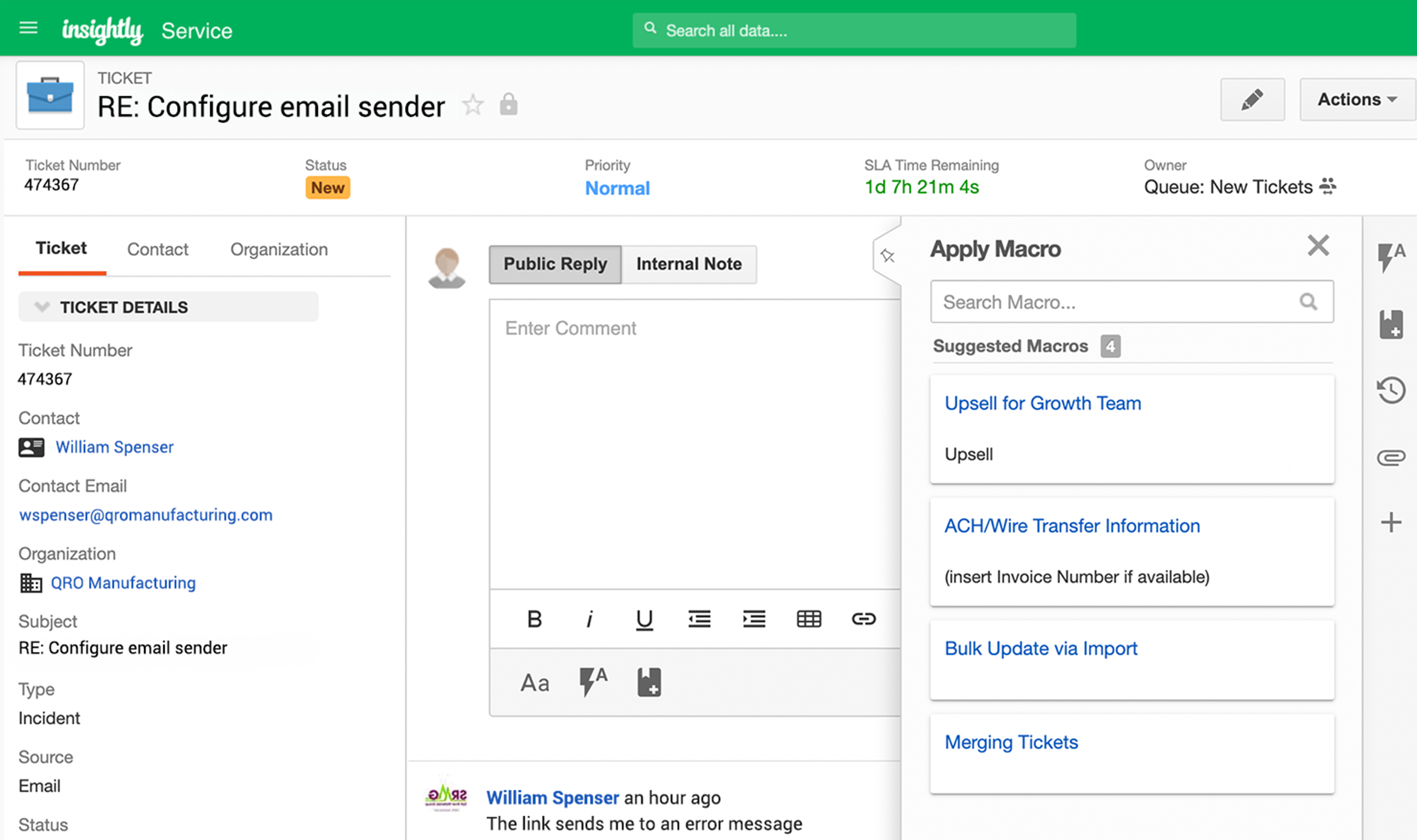 Insightly Service Software - Ticket details