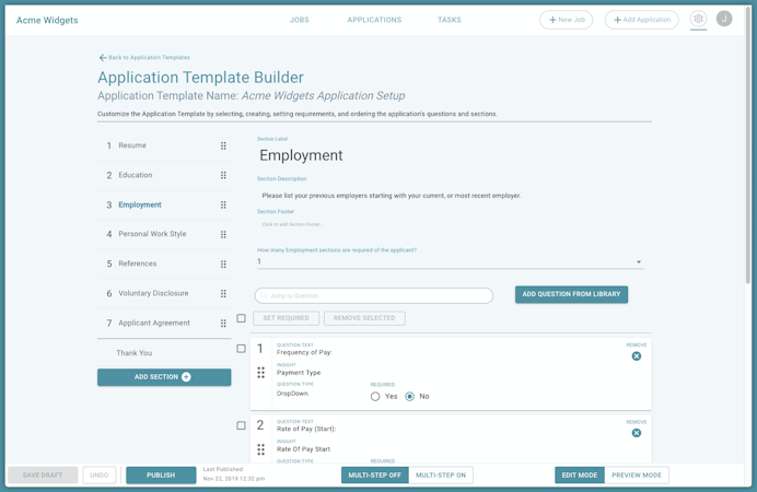 ExactHire screenshot: Job application builder