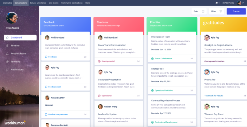Workhuman Conversations screenshot: Employees and managers can see all of their check-ins, priorities, feedback, and assessments in a single place, making it easier to create a common understanding, stay aligned, and reflect on priorities and development plans.