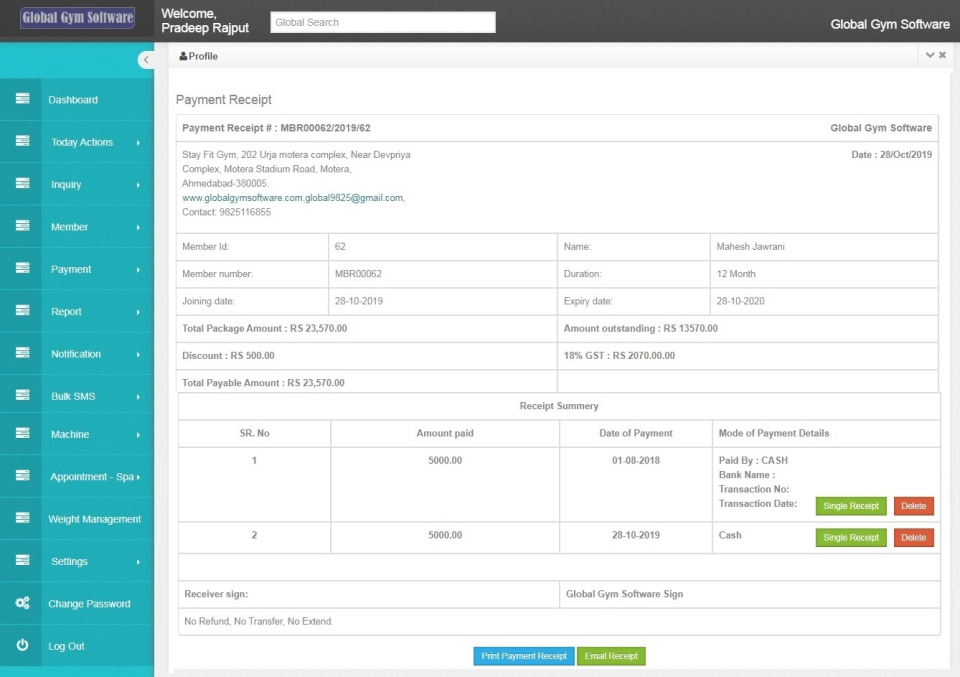 GLOBAL GYM SOFTWARE Software - GLOBAL GYM SOFTWARE payment receipt