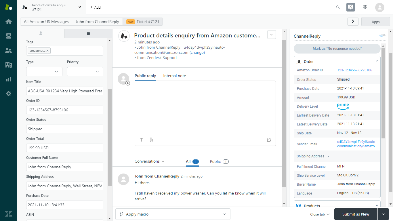 ChannelReply screenshot: Answer customer questions from Amazon directly from Zendesk