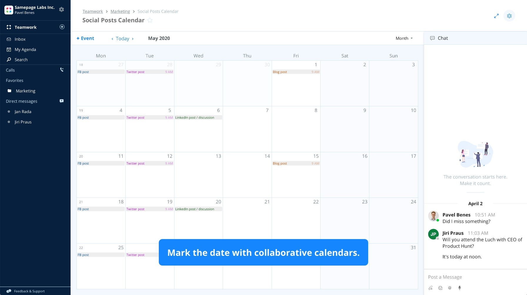 Samepage Software - Take advantage of shared calendars where you can outline your marketing activities, plan your roadmap, or just share our PTO's.
