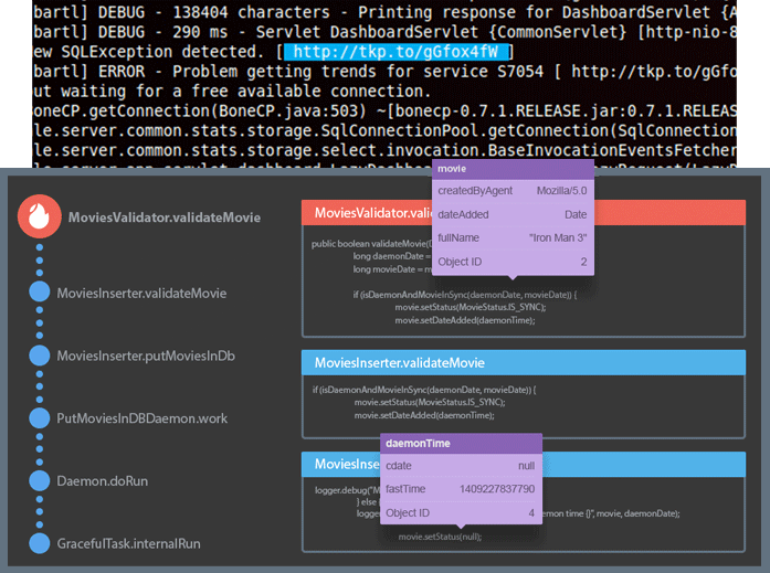 An out-of-the-box integration with logging frameworks enables you to view the error analysis straight from the log file