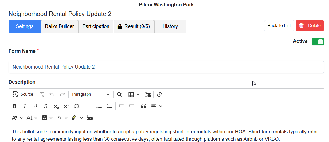 Ballot Bliss screenshot: Ballot Name and Description Settings