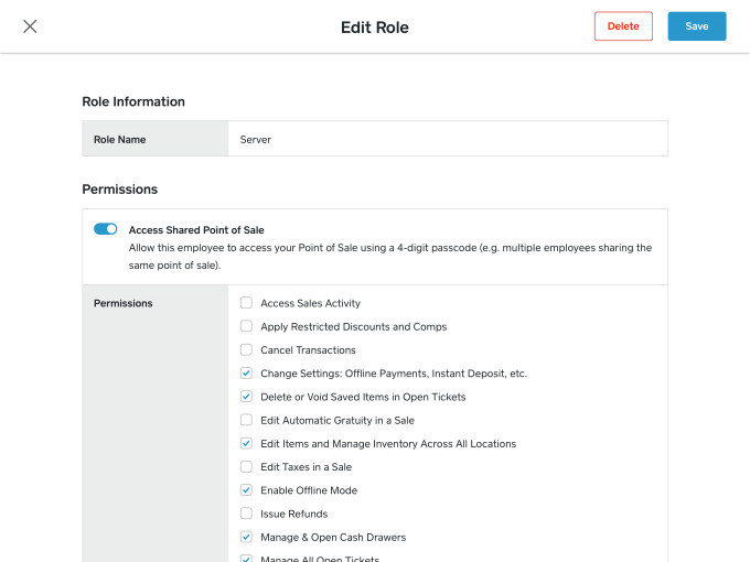 Square for Restaurants Software - Users can assign custom access permissions to different roles