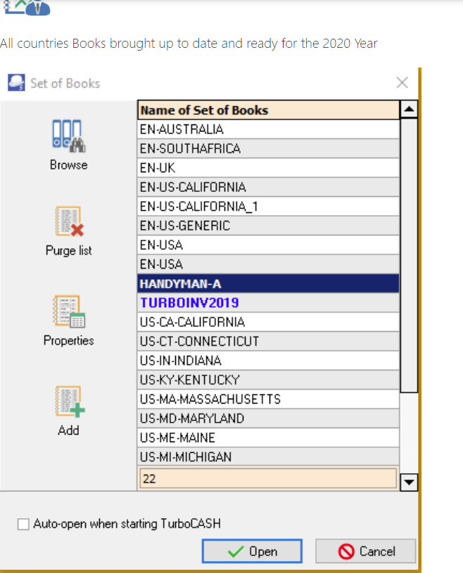 TurboCASH screenshot: TurboCASH set of books