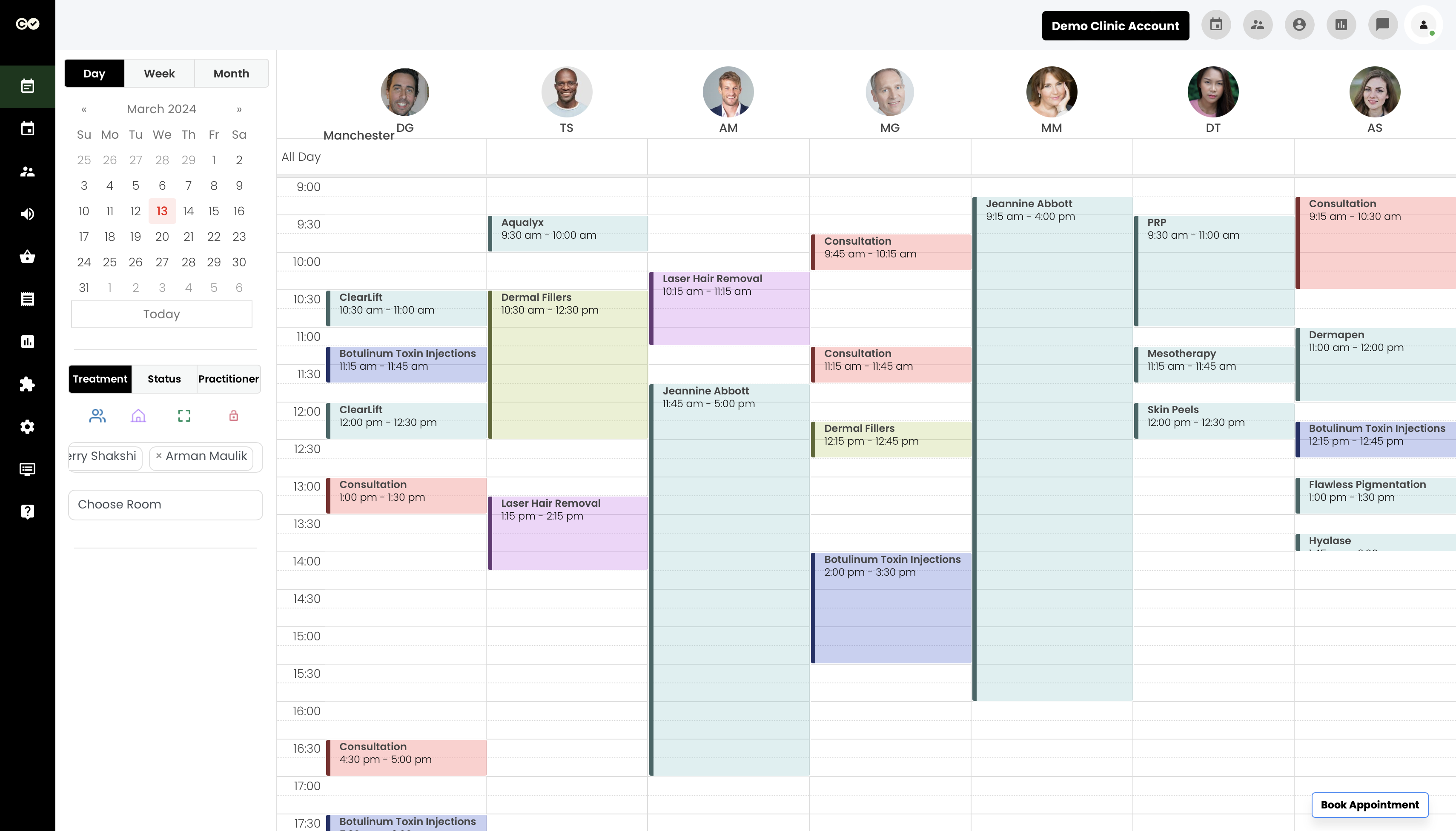 Consentz screenshot: Consentz Control Centre Calendar page where you can book appointments for as many practitioners as needed. Manage rooms and equipment so you never double book. Send pre-apt packs, reminders and recalls automatically .  