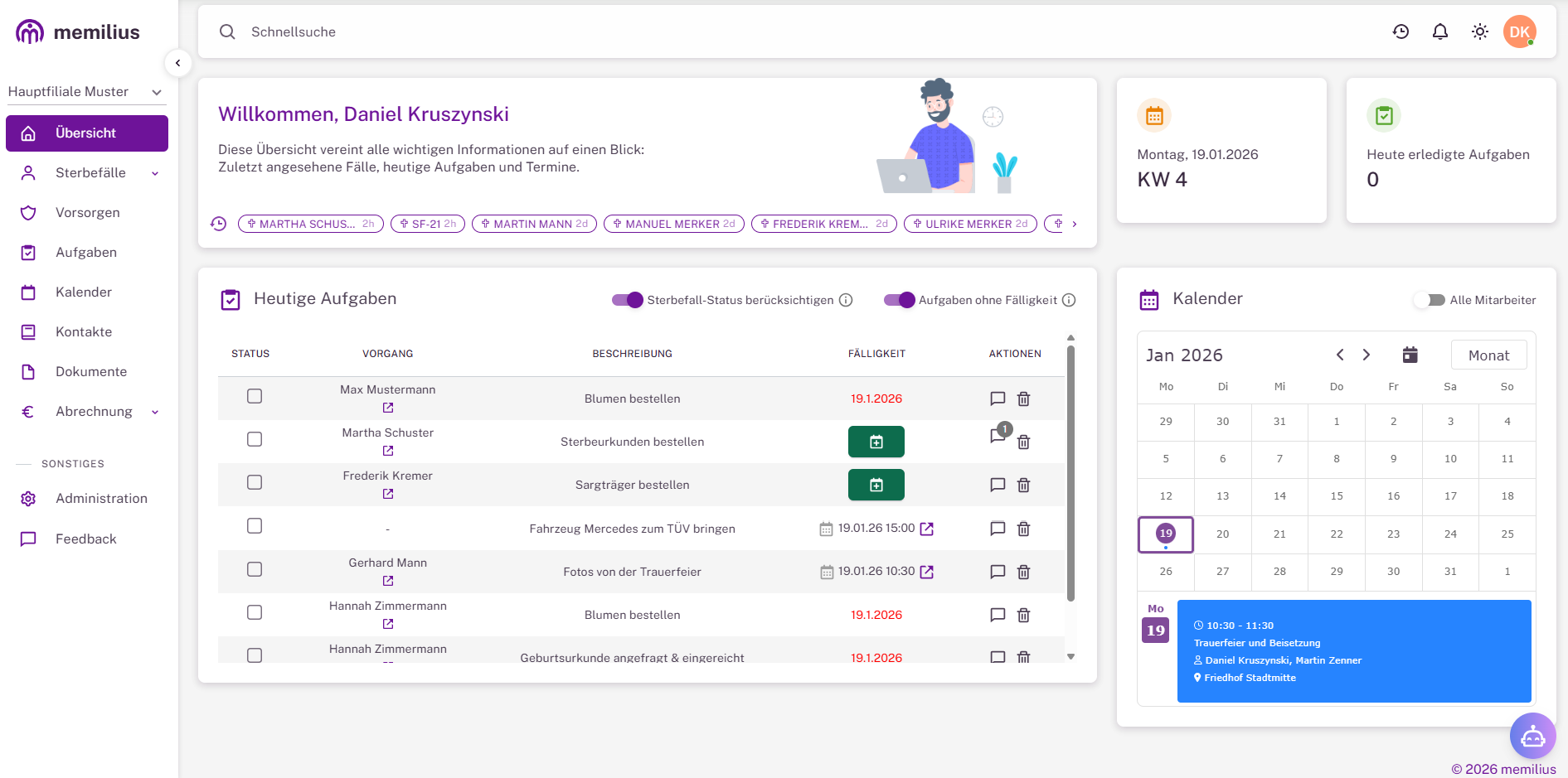 memilius screenshot: memilius tasks and appointments scheduled for today
