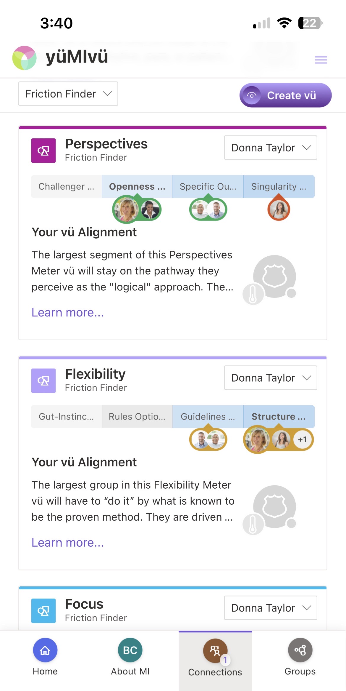 Friction Finder Awareness Alerts helps team members quickly identify where natural friction is likely as each team member works the "way they are wired."  yüMIvü coaches on how to turn potential conflict points into positive engagements.