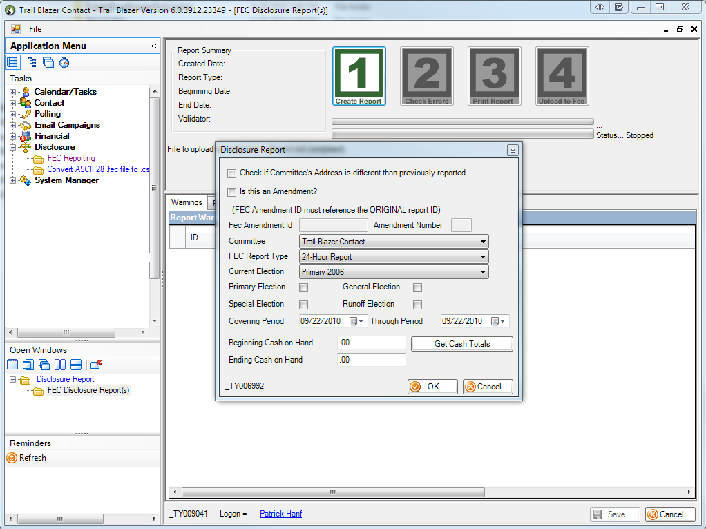Trail Blazer PAC Manager screenshot: Trail Blazer PAC Manager – Generate FEC reports in four steps.  File and upload reports.  Fix warnings and errors.  File amendments as needed.