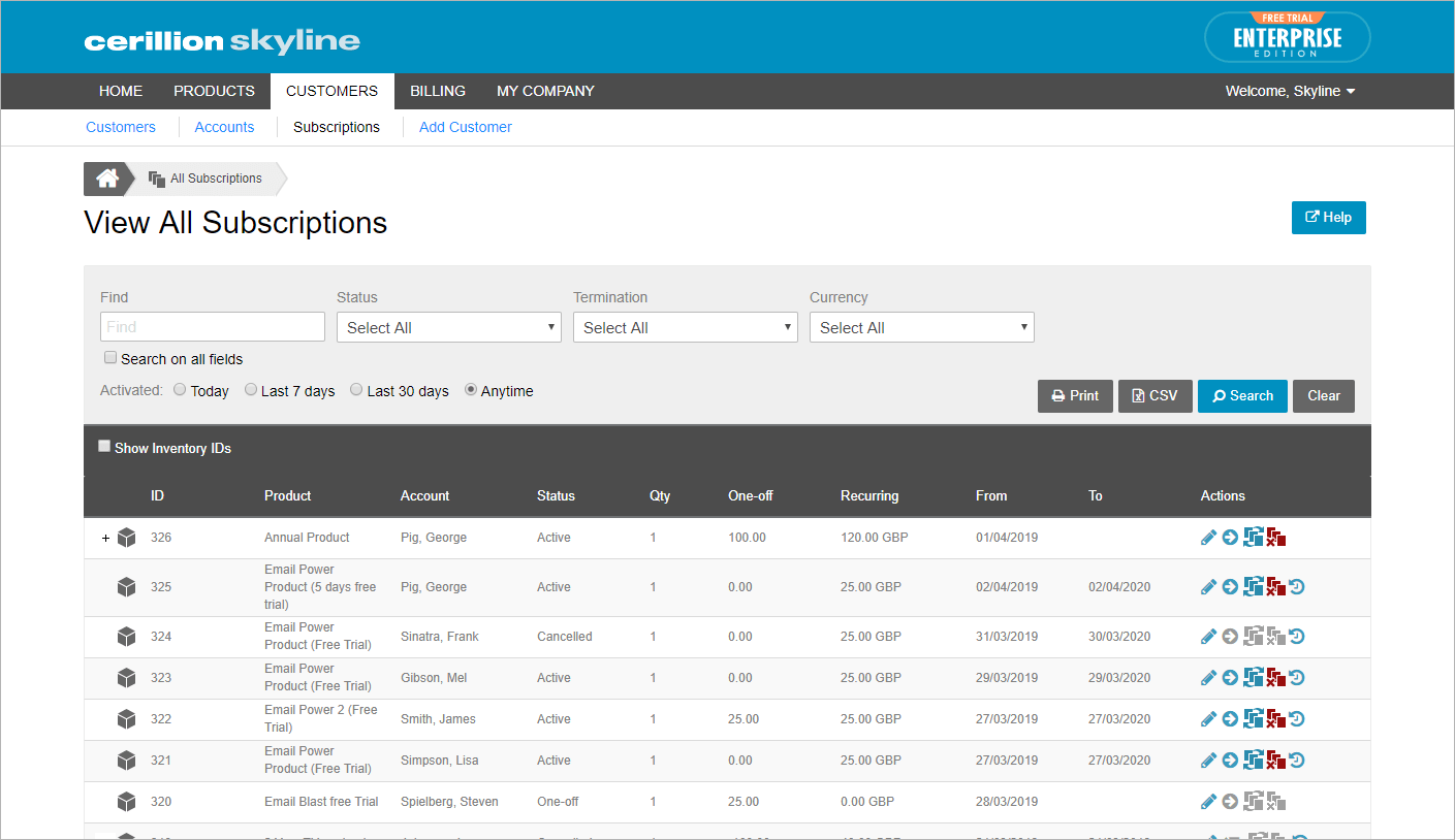 Easy access to all accounts and key account indicators, including payment status, current balance, bill cycle, subscriptions
