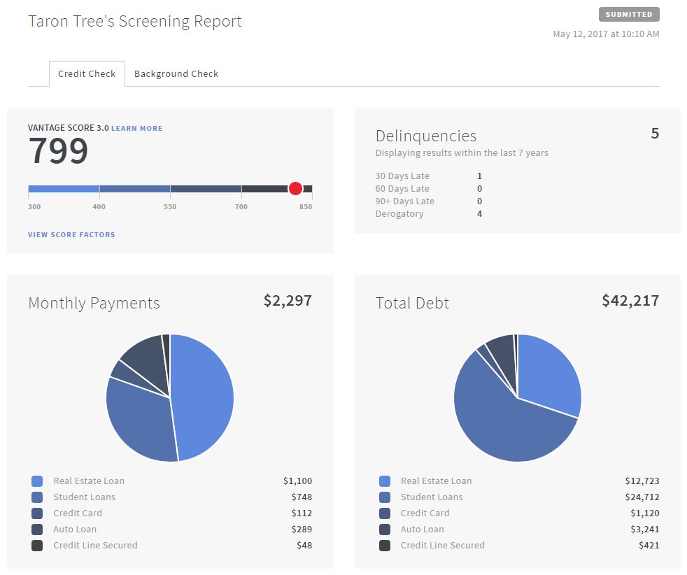 Rentler screenshot: Rentler screening report