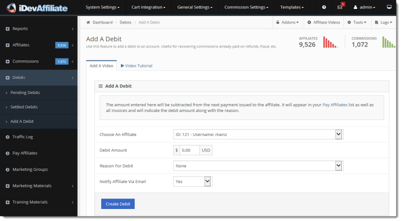Users can add debits to affiliates' accounts, to be subtracted from their next payment through iDevAffiliate