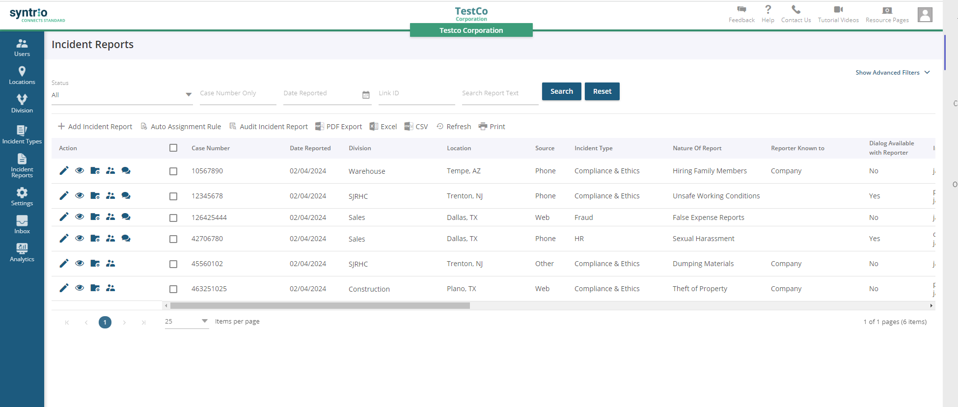 Syntrio screenshot: Syntrio incident reports