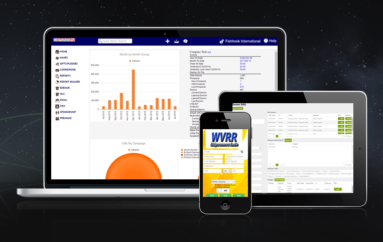 Denari Software screenshot: Both Denari solutions support online charitable donation and fundraising management, with landing pages for capturing registrations across all devices