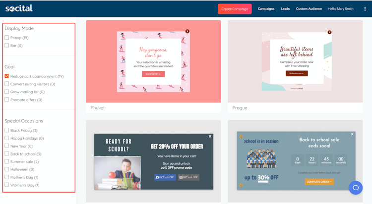Socital screenshot: A gallery with ready-made campaigns with different goals - to grow email list, reduce cart abandonment, promote seasonal offers, convert exiting visitors and more.