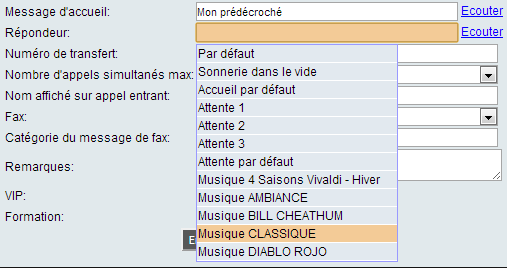 Ubicentrex screenshot: Ubicentrex call center choix sonnerie