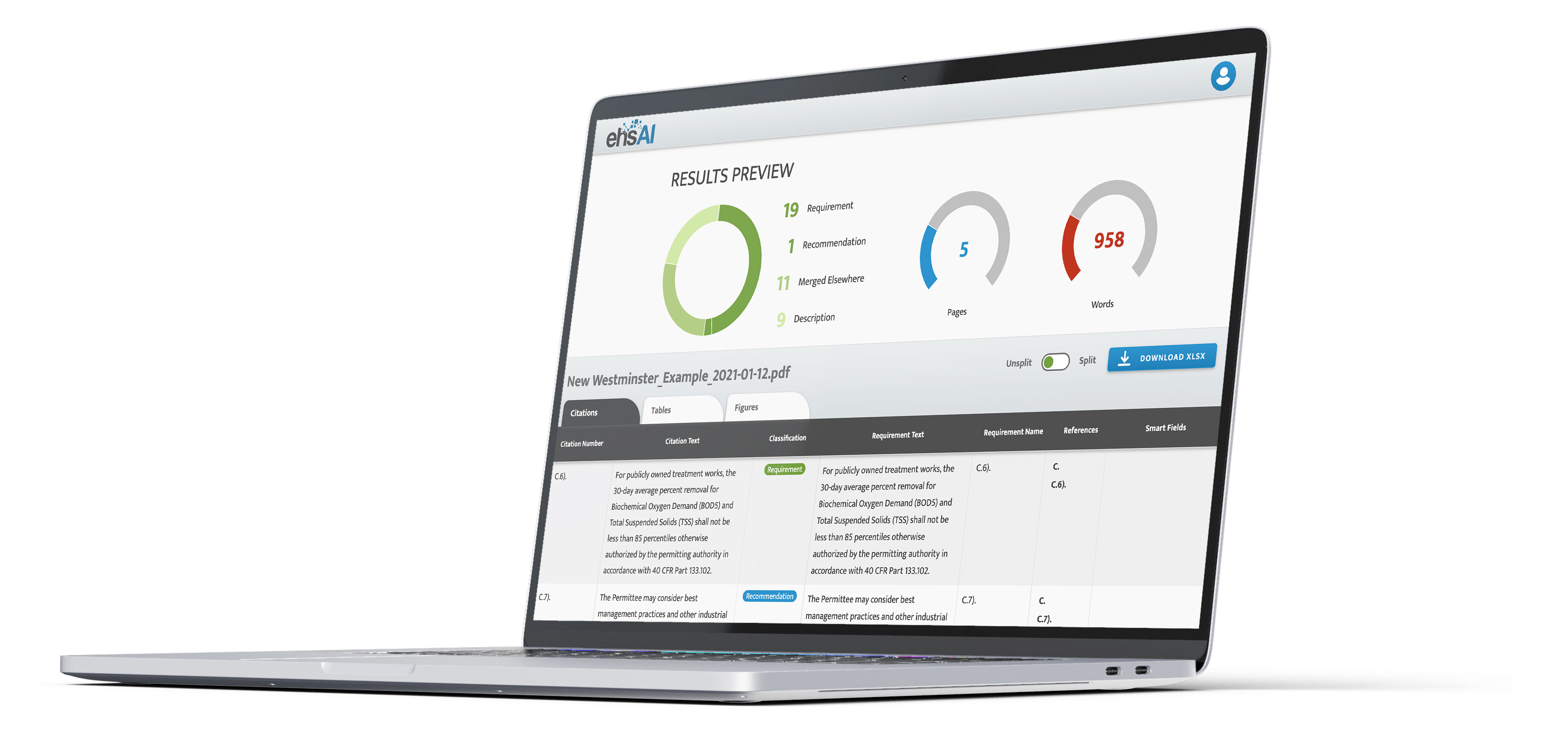 ehsAI screenshot: In minutes, the platform turns complex, unstructured compliance documents into structured data that can be used by compliance professionals and/or imported directly into an EHS management system.  You'll see a preview of your finished output for download.