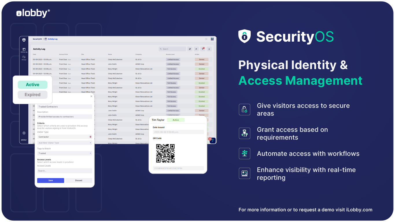 Physical Identity and Access Management Solution - Extend the benefits of Access Control to visitor and contractors. SecurityOS gives you the flexibility to enhance your security measures with ease using temporary credential management.