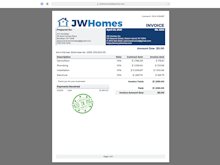 Builder Prime Software - An example of an invoice PDF generated by the system. Track payment statuses and choose on a project-by-project basis whether to accept online credit card or ACH payments.