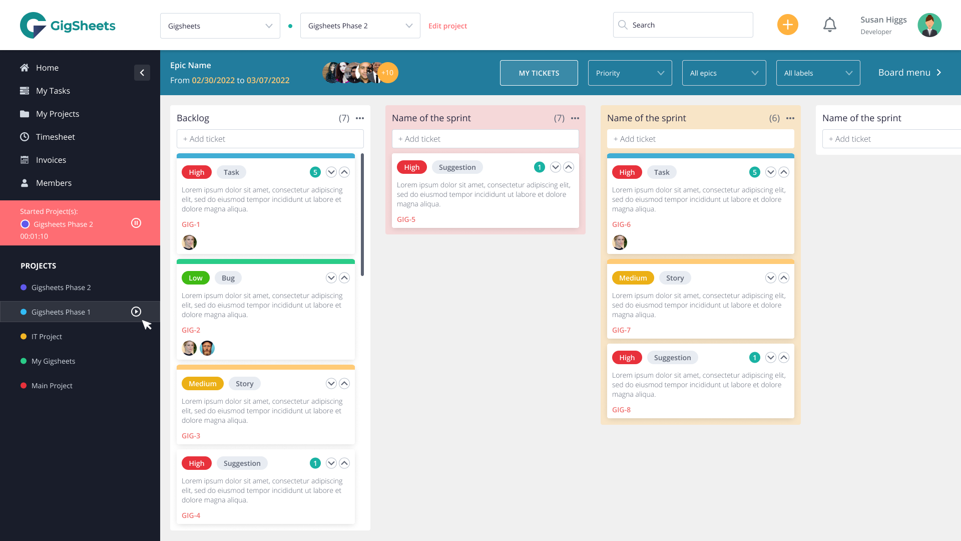 Gigsheets screenshot: Gigsheets Drag and drop project board.