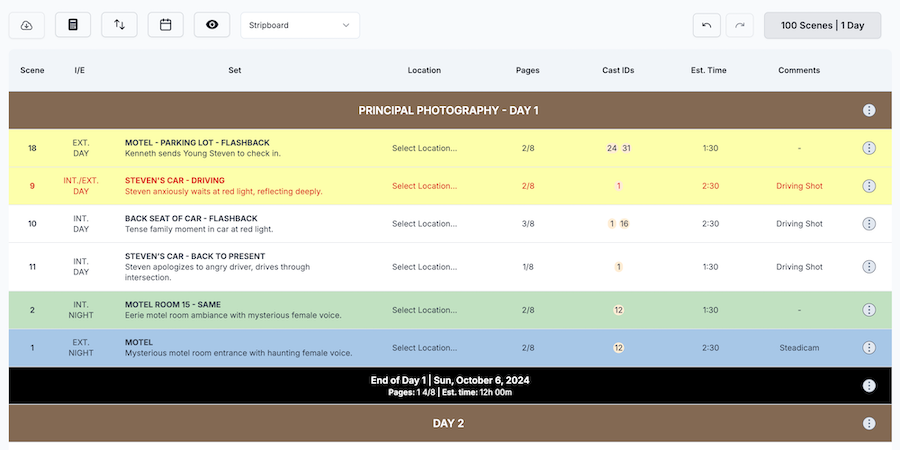 Shamel Studio screenshot: Shamel Studio stripboard schedule