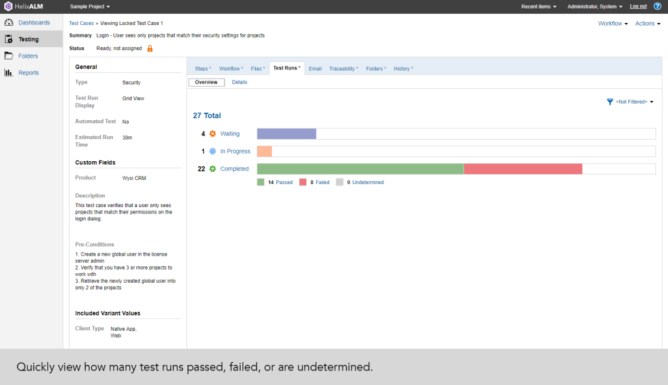 The Test Runs tab within the Testing section provides a quick overview summary of how many test runs that are passed, failed or have undetermined results
