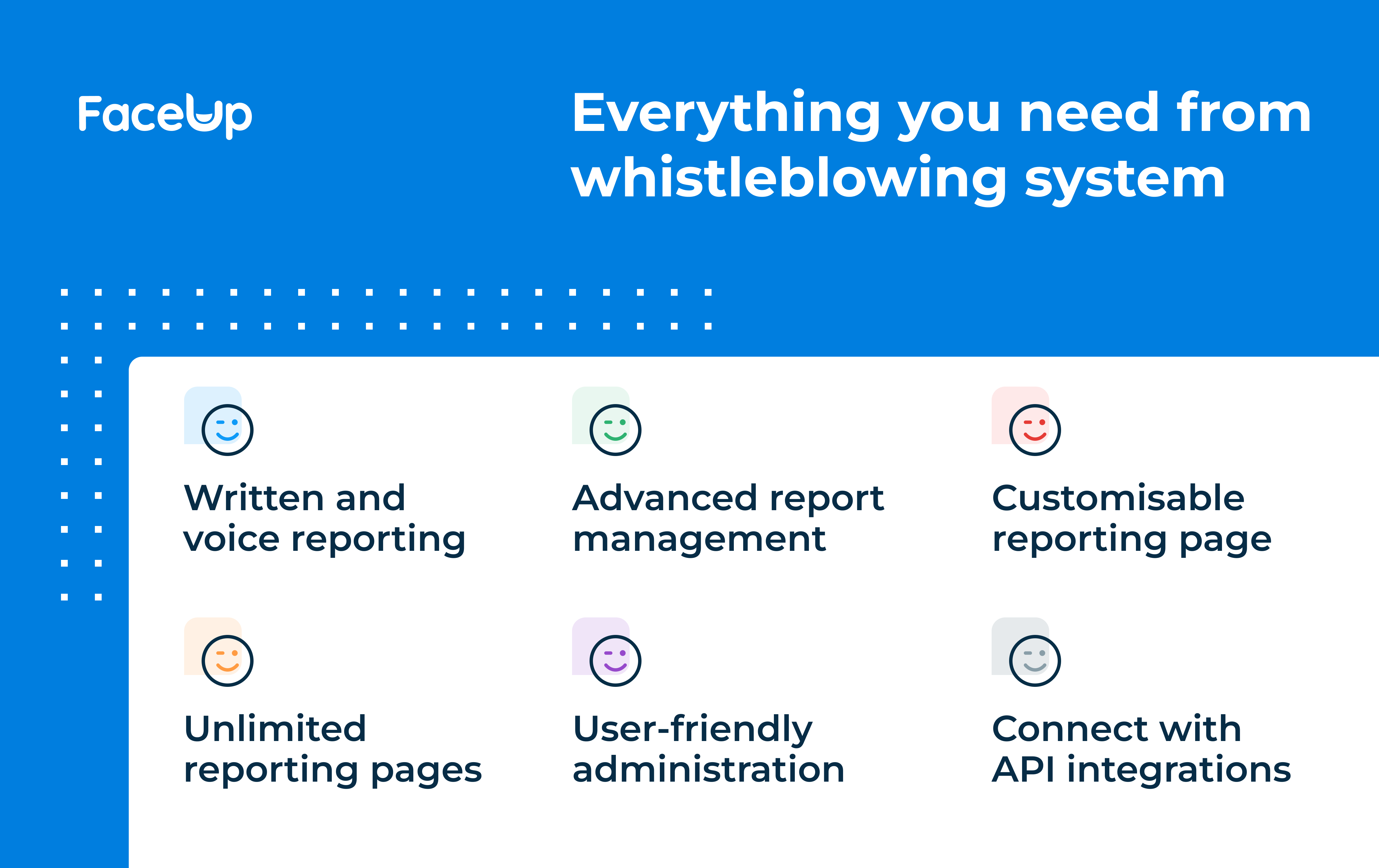 FaceUp Whistleblowing System Software - You can set up your own reporting page, categories, organisational structure, add members and 3rd parties. There are many useful features such as internal comments, working hours, deadlines, priorities, labels and much more.