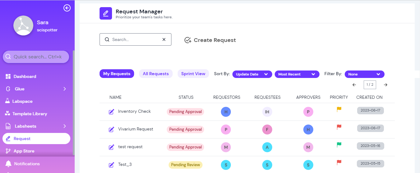Scispot's project management tools make collaboration on R&D projects easy. Create and assign tasks in the Request Manager, and automate workflows.