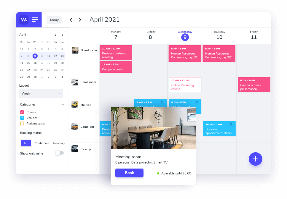 Have a perfect overview of all your own and your company's reservations in the form of a calendar or daily agenda. It is always at hand on your mobile phone, tablet or computer.